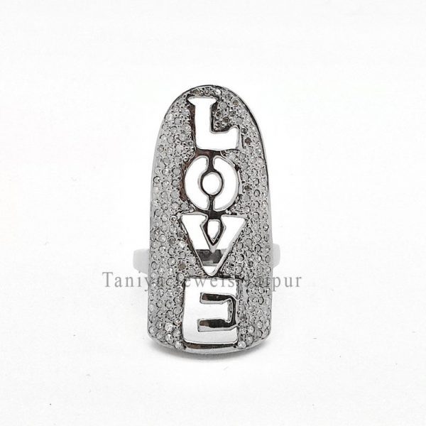 925 Sterling Silver Pave Diamond Love Design Ring Handmade Jewelry, Silver Love Shape Ring, Diamond Ring Jewelry