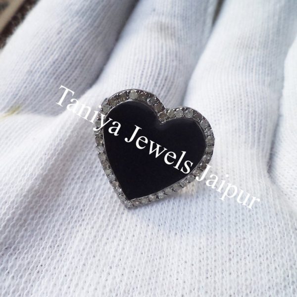Natural Pave Diamond Handmade Black Enamel Heart Shape Sterling Silver Ring Jewelry, Heart Diamond Ring, Enamel Heart Ring
