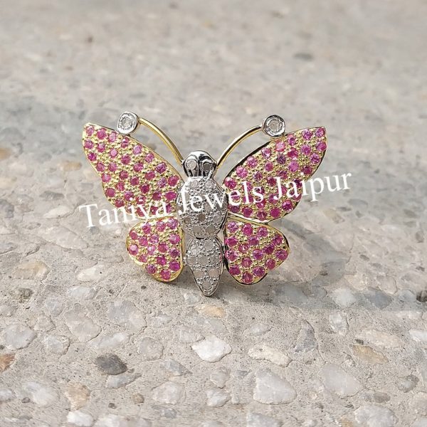 Ruby Gemstone Handmade Butterfly Sterling Silver Diamond Ring Jewelry, Butterfly Pave Diamond Ruby Ring Jewelry