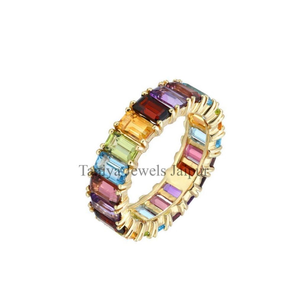 Yellow gold Plating Designer Multi-color Baguette Eternity Ring Jewelry, Silver Eternity Ring Band Ring Jewelry