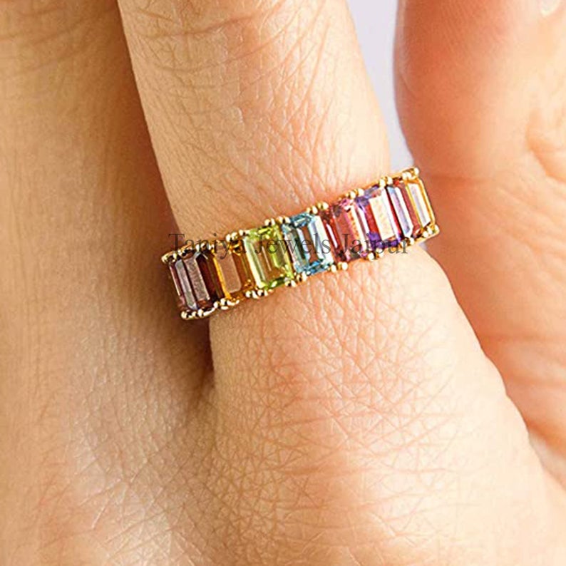 Yellow gold Plating Designer Multi-color Baguette Eternity Ring Jewelry, Silver Eternity Ring Band Ring Jewelry