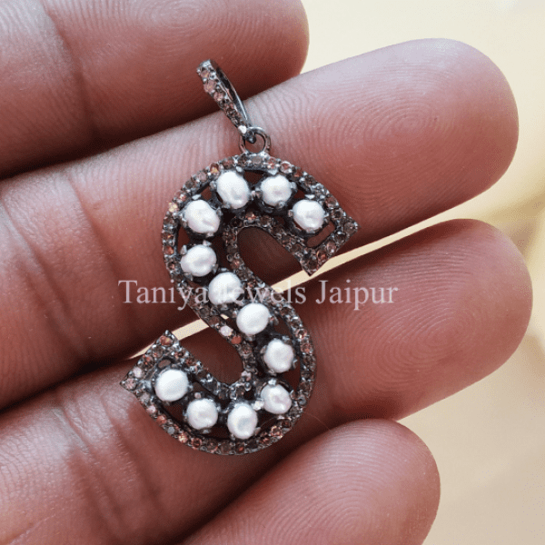 silver pearl pave diamond monogram pendant