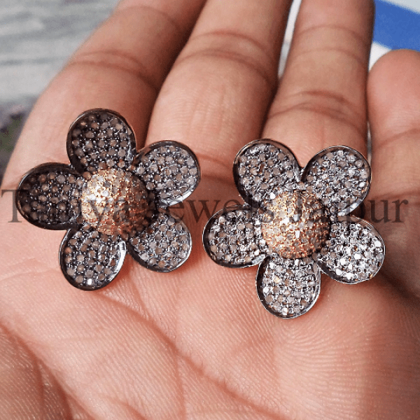 pave diamond flower stud earrings