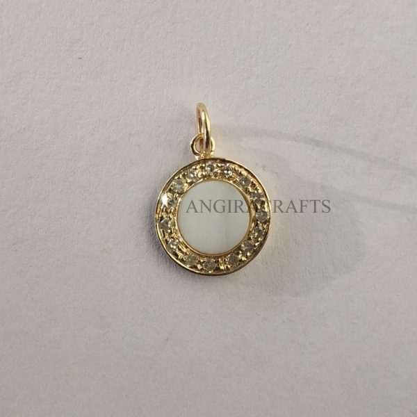 14k Solid Yellow Gold Pave Diamond Round Pearl Charms Vintage Pendant Jewelry, 14k Gold Pearl Charms Pendant