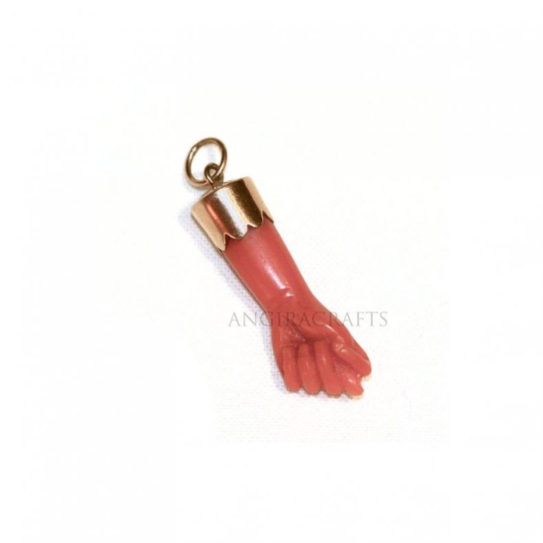 14k Solid Gold Coral Figa Hand Pendant Jewelry, Gold Charms, Gemstone Figa Pendant Jewelry