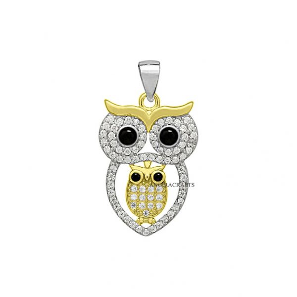 925 Sterling Silver Black Onyx Pave Diamond Designer Owl Pendant Jewelry, Pave Diamond Two Tone Plated Owl Pendant Jewelry