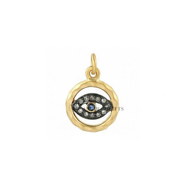 Evil Eye Charm Pendant Pave Diamond Sapphire 14k Yellow Gold Jewelry, 14k Gold Evil Eye Jewelry