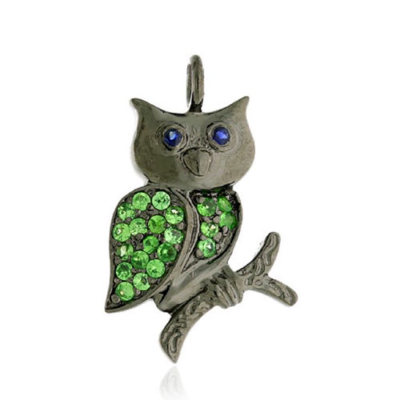 0.22ct Tsavorite Sapphire Sterling Silver Owl Pendant Jewelry