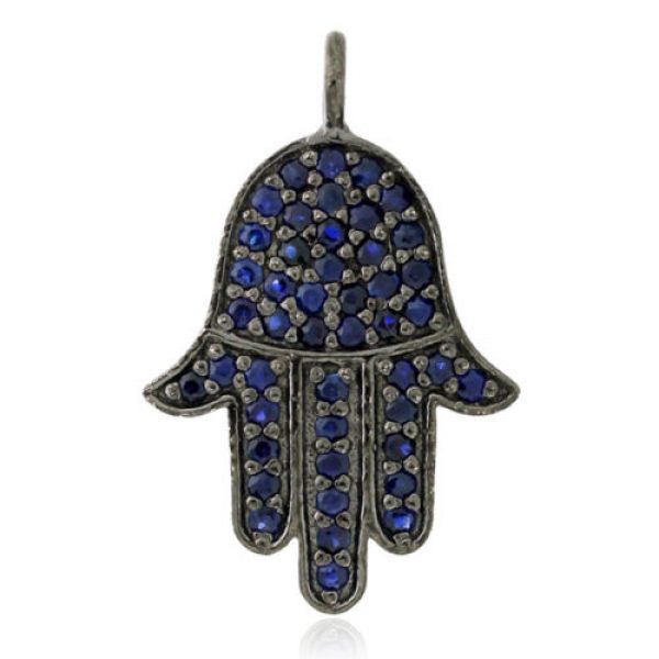 0.45 ct Blue Sapphire .925 Sterling Silver Hamsa Charm Pendant Jewelry