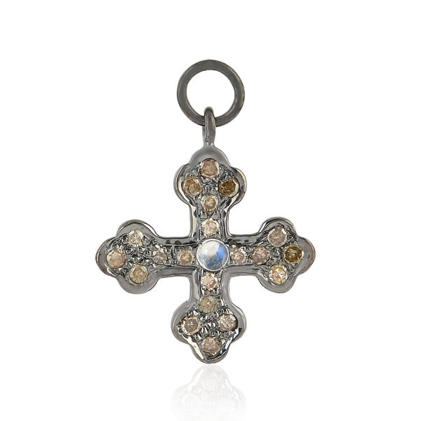 0.05 ct Moonstone Diamond 925 Sterling Silver Religious Cross Pendant Jewelry