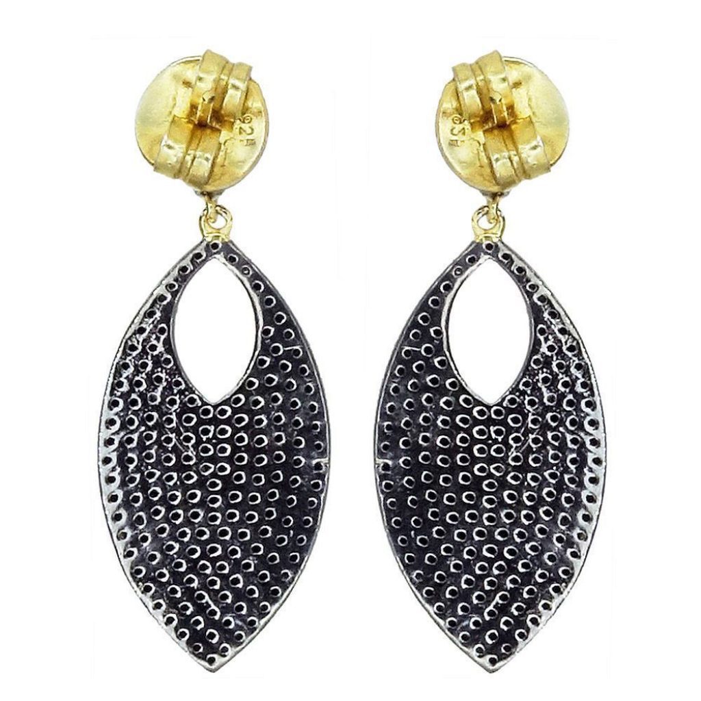 Black Diamond Pave Sterling Silver Handmade 14K Gold Dangle Earrings Jewelry