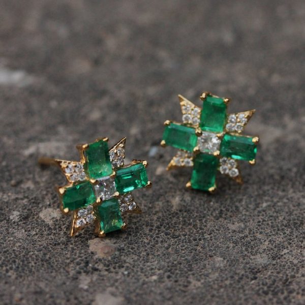 Natural Baguette Cut Emerald Diamond Stud Earrings 18 Yellow Gold Fine Jewelry, Diamond Stud Earrings, Emerald Stud Earrings, Christmas Gift