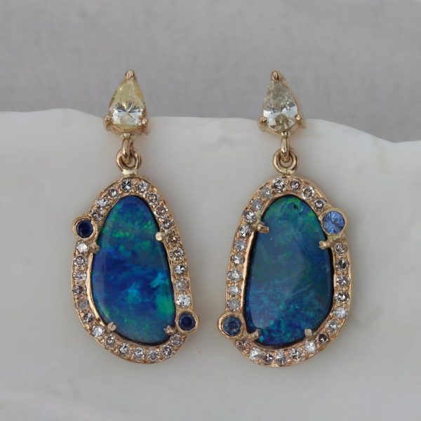 Solid 18k Yellow Gold Blue Opal Earrings Genuine Pave Diamond Blue Sapphire Gemstone Jewelry, October Birthstone, Friendship Jewelry Gifts