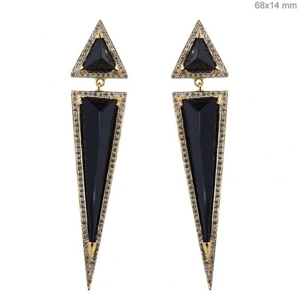 Genuine 25.25 Ct Black Onyx Arrowhead Dangle Earrings Solid 18k Yellow Gold Pave Diamond Fine Jewelry Christmas Sale/Gifts