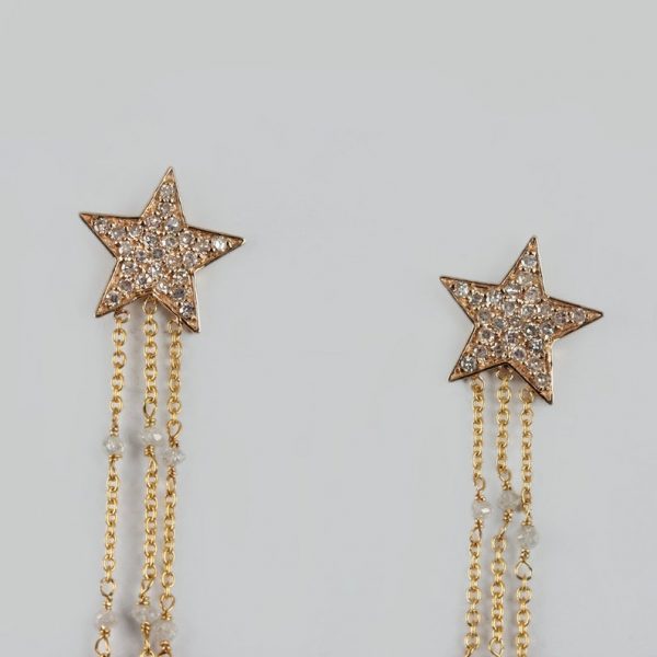STAR Solid 18k Yellow Gold Chain Big Chandelier Earrings 2.48 Ct Natural Diamond Pave Fine Jewelry, Christmas Gifts