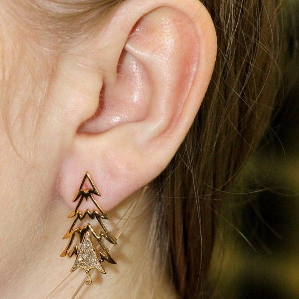 Genuine Pave Diamond XMAS / CHRISTMAS TREE Stud Earrings 18k Yellow Gold Fine Jewelry, Ear Studs for Women's