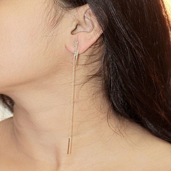 Natural Pave Diamond Designer Thunder Sign Studs 18k Yellow Gold Chain Dangle Long Earrings Handmade Fine Jewelry Christmas Day Gift Idea