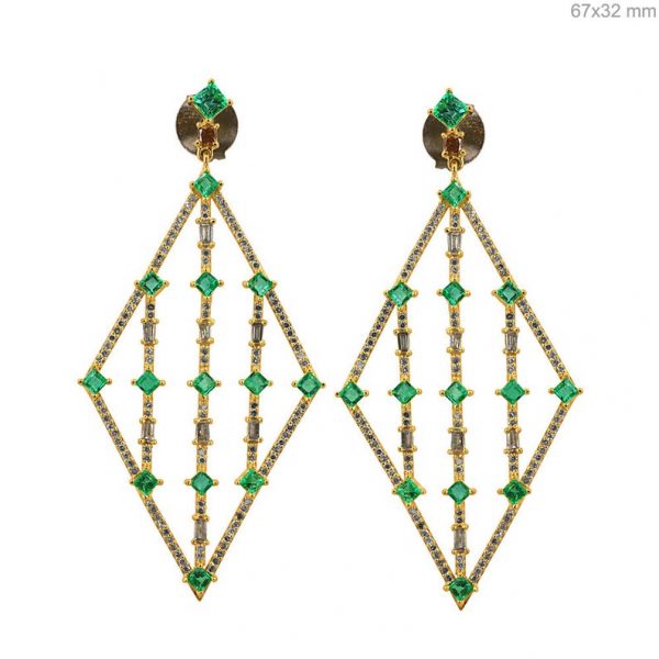 Natural Emerald Baguette Diamond Rhombus Shaped Dangle Earrings Solid 18k Yellow Gold Gemstone Fine Jewelry Christmas Gifts