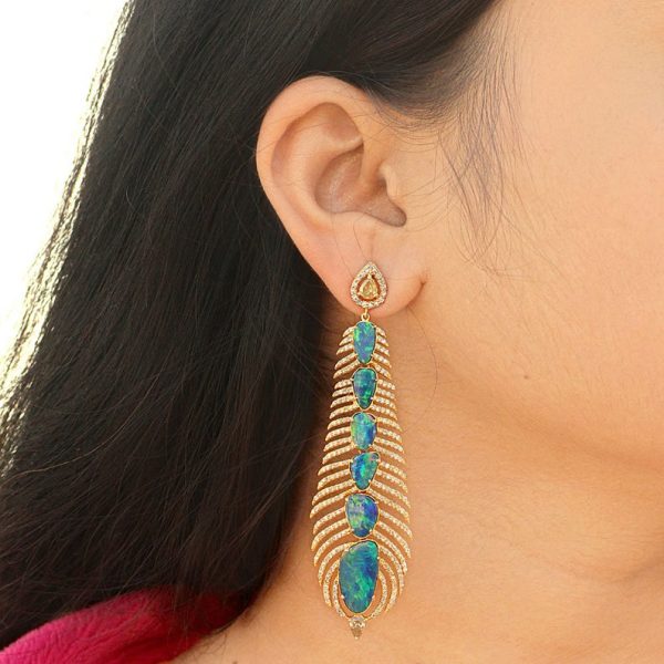 Genuine 13.99 Ct Blue Opal Feather Dangle Earrings, Solid 18k Yellow Gold Wedding Jewelry, Pave Diamond Gemstone Jewelry, Christmas Gifts
