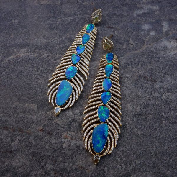 Genuine 13.99 Ct Blue Opal Feather Dangle Earrings, Solid 18k Yellow Gold Wedding Jewelry, Pave Diamond Gemstone Jewelry, Christmas Gifts