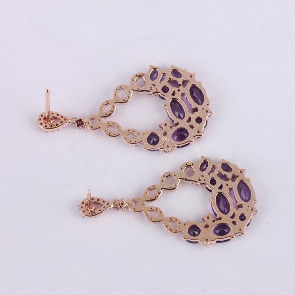 African Amethyst and Pink Sapphire Dangle Earrings Fine Solid 14k Rose Gold Pave Diamond Gemstone Bridal Wedding Jewelry Christmas Gifts