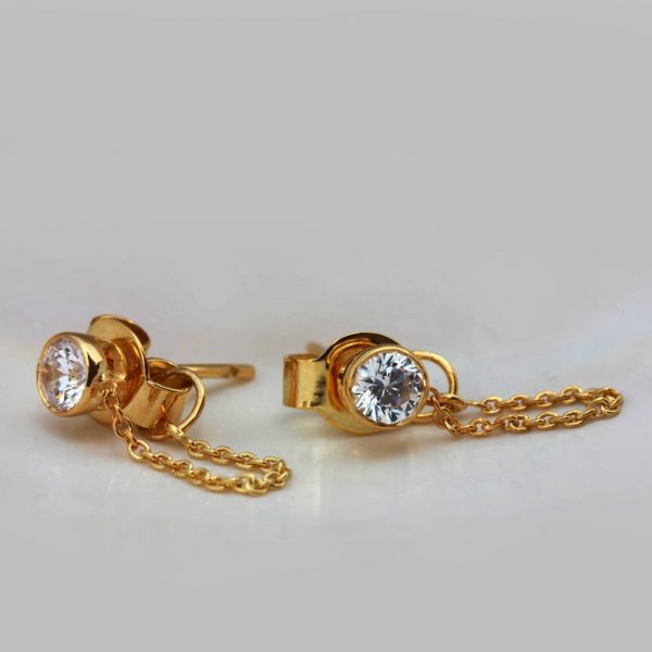 Natural Round 0.06 Ct Diamond Stud Earrings Solid 18k Yellow Gold Chain Fine Jewelry Christmas Gifts