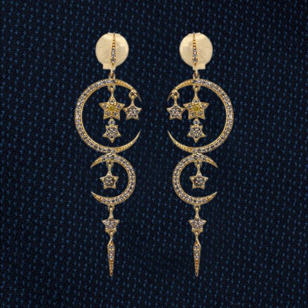 Christmas Gifts Beautiful Double Crescent Moon and Multi Stars Dangle Earrings Solid 18k Yellow Gold Fine Jewelry Pave Diamond Jewelry