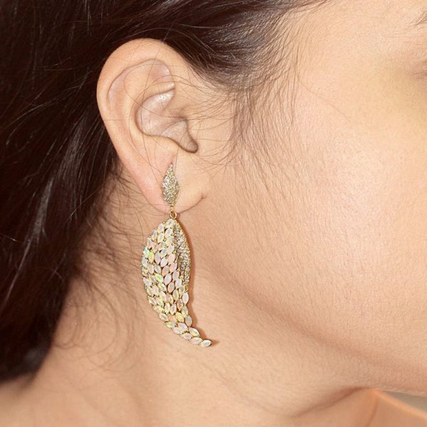 Feather Shaped Genuine Pave Diamond Ethiopian Opal Dangle Earrings Solid 18k Yellow Gold Jewelry Gemstone Fine Jewelry Christmas Gifts