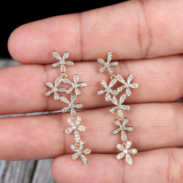 Natural 0.60 Ct Pave Diamond Flower Designs Dangle EARRINGS Solid 18k Yellow Gold Fine Jewelry Latest Design Handmade Jewellery