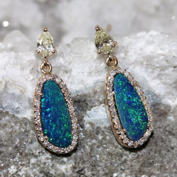 Solid 18k Yellow Gold Genuine Pave Diamond Blue Opal Earrings, Wedding Jewelry, Opal Gemstone Jewelry, Christmas Gifts