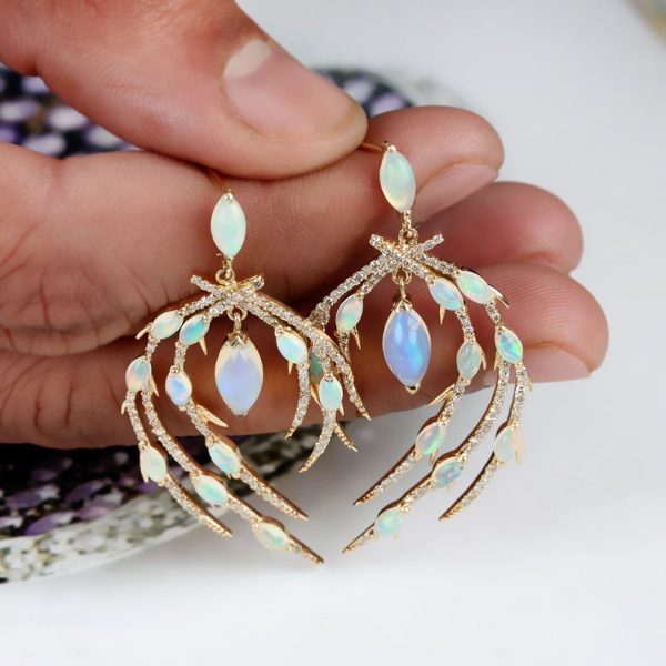 Genuine 3.19 Ct Ethiopian Opal Gemstone High Quality Earrings Solid 18k Yellow Gold Diamond Handmade Fine Jewelry Special Gift For Wedding