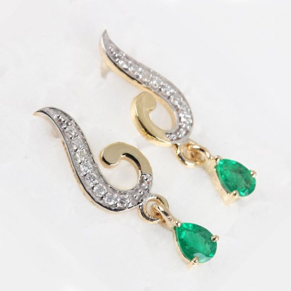 Solid 14k Yellow Gold Natural Emerald Diamond Dangle Earrings Wedding Jewelry Unique Christmas Gifts