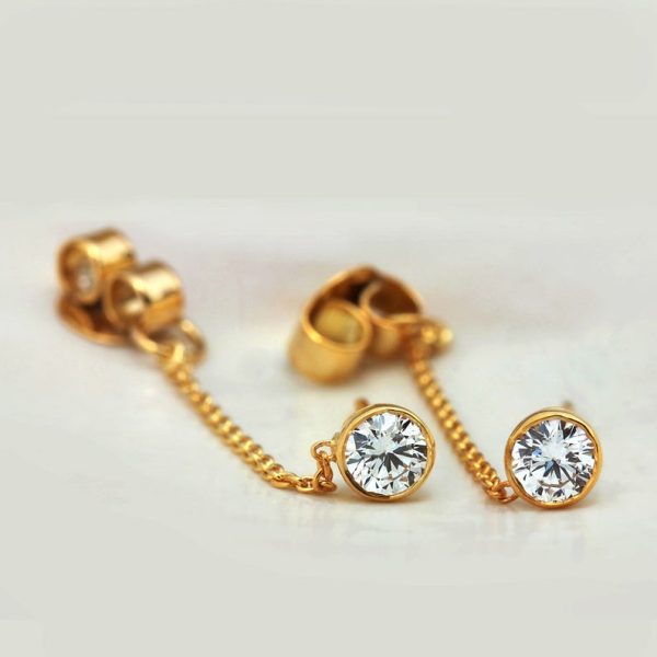 Natural Round 0.06 Ct Diamond Stud Earrings Solid 18k Yellow Gold Chain Fine Jewelry Christmas Gifts