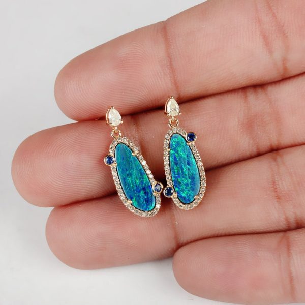 Genuine Pave Diamond Blue Sapphire Gemstone Blue Opal Earrings Weddings Solid 18k Yellow Gold Party Wear Jewelry Friendship Day Gift For Her