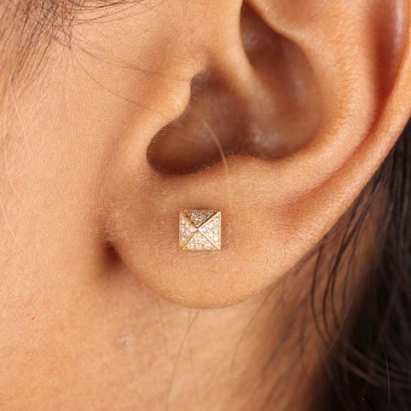 Solid 14K Yellow Gold Genuine 0.35 Ct. Diamond Pyramid Design Triangle Shape Geometric Stud Earrings Handmade Fine Jewelry Gift For Women