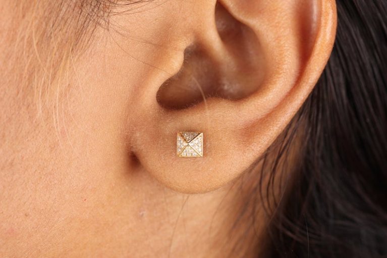 Solid 14K Yellow Gold Genuine 0.35 Ct. Diamond Pyramid Design Triangle Shape Geometric Stud Earrings Handmade Fine Jewelry Gift For Women