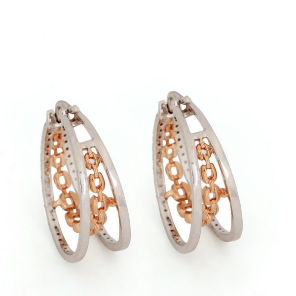Natural 1.05 Ct. Diamond Designer Hoop Earrings Solid 14K Two Tone Rose & White Gold Earrings Handmade Fine Engagement Jewelry