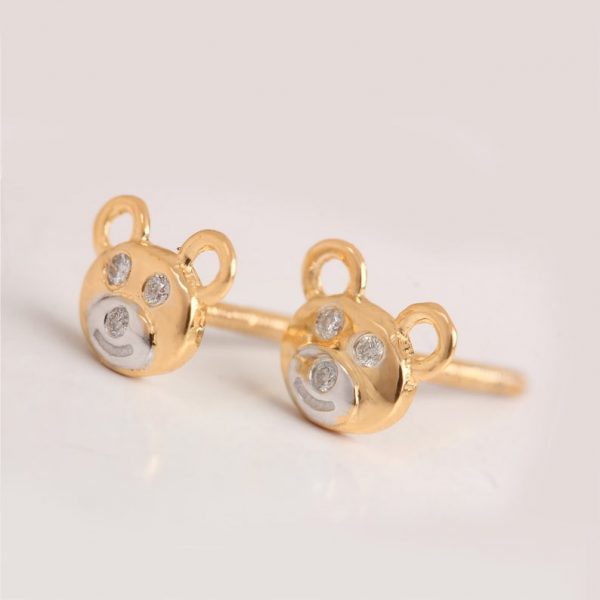 Solid 14K Yellow Gold Genuine 0.07 Ct Diamond Teddy Bear Face Stud Earrings Handmade Fine Birthday & Christmas Day Gift For Your Best Friend