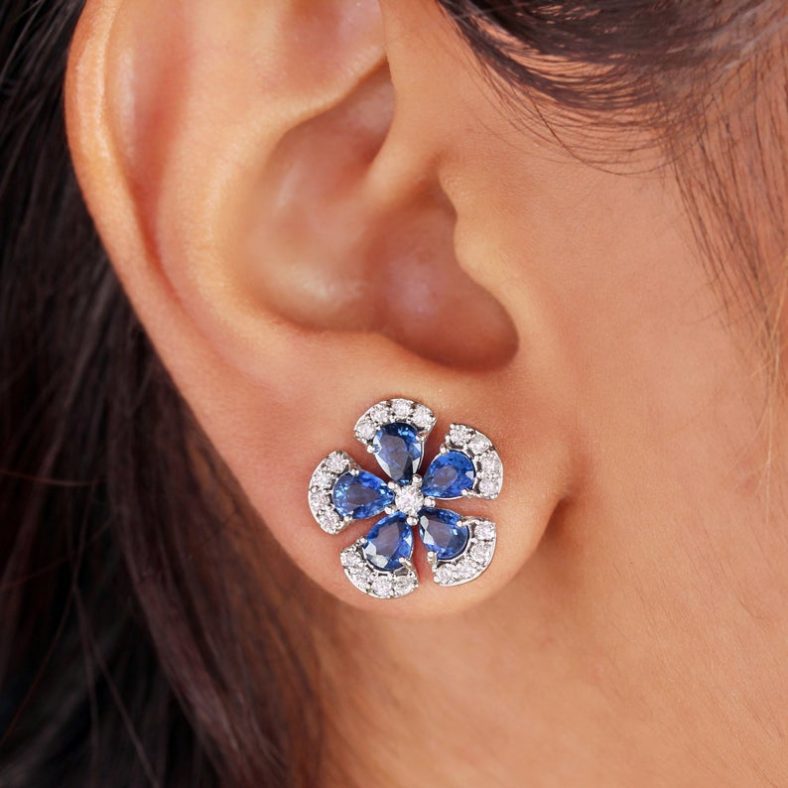 Solid 14k White Gold Natural 3.30 Ct. Blue Sapphire Pave Diamond Designer Floral Stud Earrings Fine Handmade Everyday Jewelry Gift For Her