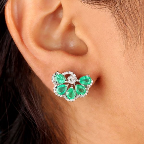 Solid 14k White Gold Natural 3.18 Ct. Emerald Pave Diamond Designer Floral Stud Earrings Fine Handmade Everyday Jewelry Gift For Her
