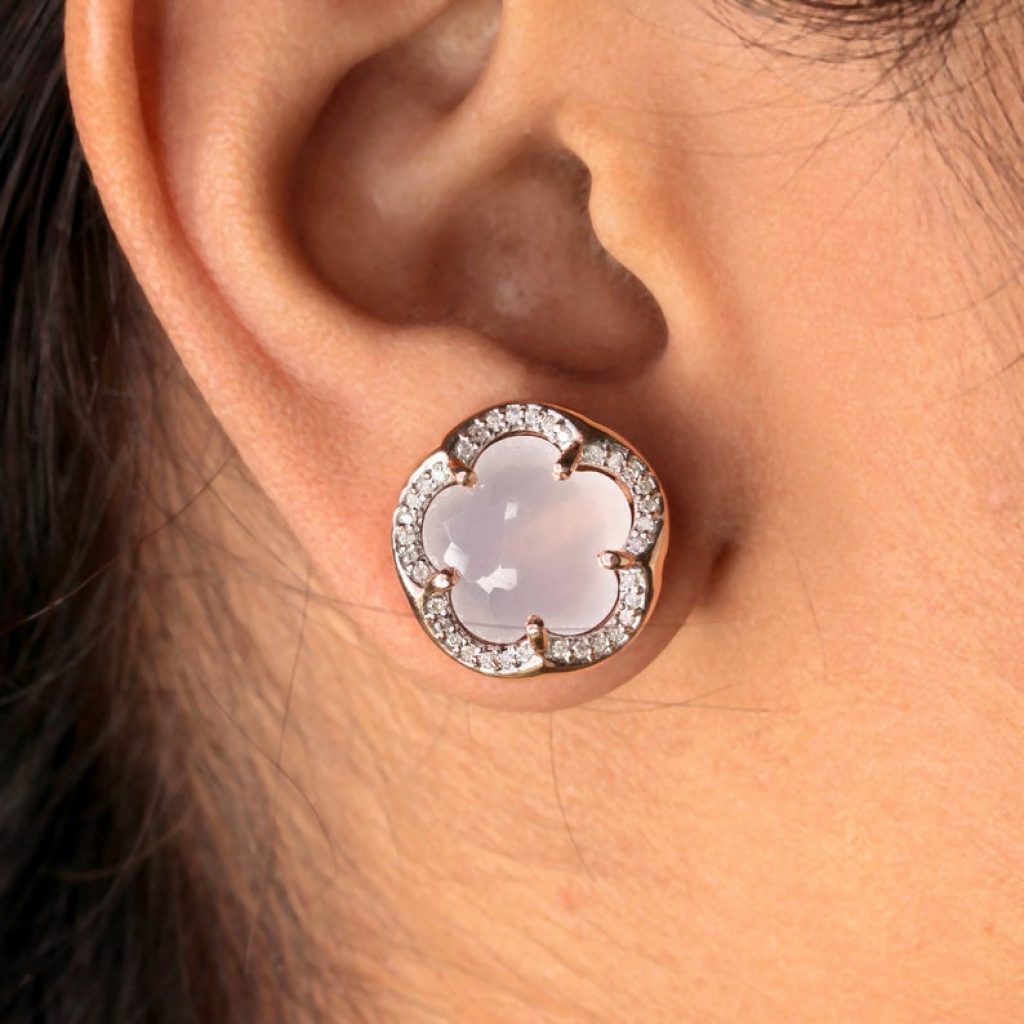 Solid 14k Rose Gold Genuine 18.15 Ct. Moonstone Designer Diamond Floral Stud Earrings Fine Handmade Everyday Jewelry Gift For Her