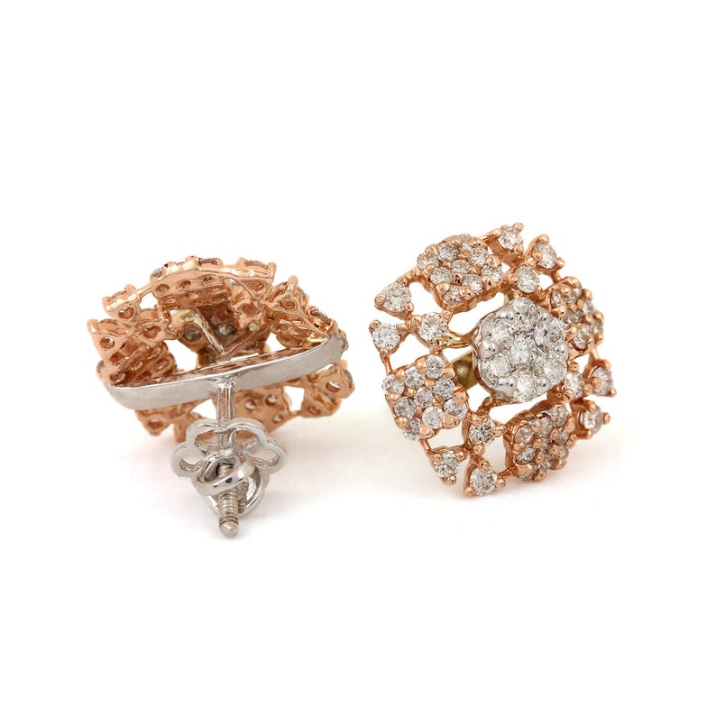 Natural 1.73 Ct SI Clarity G-H Color Pave Diamond Dainty Floral Stud Earrings Solid 14k Rose Gold Minimalist Fine Jewelry Valentine Gifts