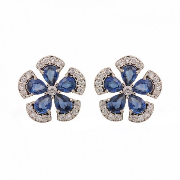 Solid 14k White Gold Natural 3.30 Ct. Blue Sapphire Pave Diamond Designer Floral Stud Earrings Fine Handmade Everyday Jewelry Gift For Her