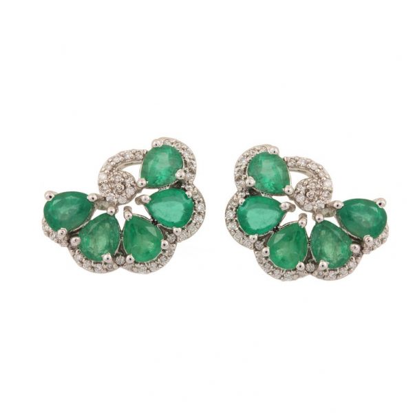 Solid 14k White Gold Natural 3.18 Ct. Emerald Pave Diamond Designer Floral Stud Earrings Fine Handmade Everyday Jewelry Gift For Her