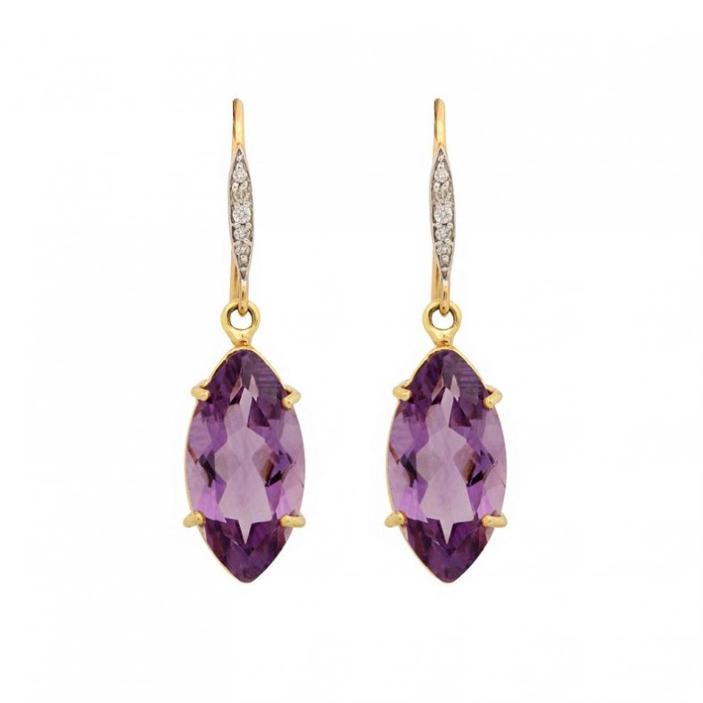 Genuine 7.45 Ct. Amethyst Marquise Dangle Earrings Fine Solid 14k Yellow Gold Pave Diamond Gemstone Bridal Wedding Jewelry Christmas Gifts