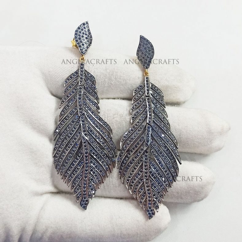 Solid 925 Sterling Silver Pave Micro Settings Sapphire Gemstone Feather Wings Earrings, Leaf Earrings, Sapphire Dangle Earrings For Women's