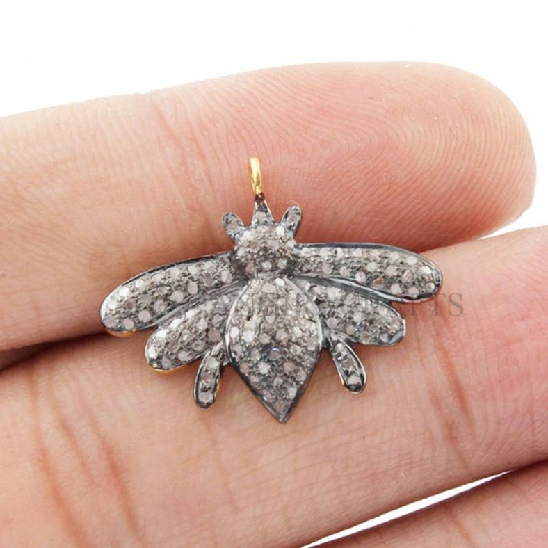 Solid Sterling Silver Bee Pendant, Natural Pave Diamond Bee Charms Pendant Jewelry, Silver Bee Pendant, Gold Bee Charms