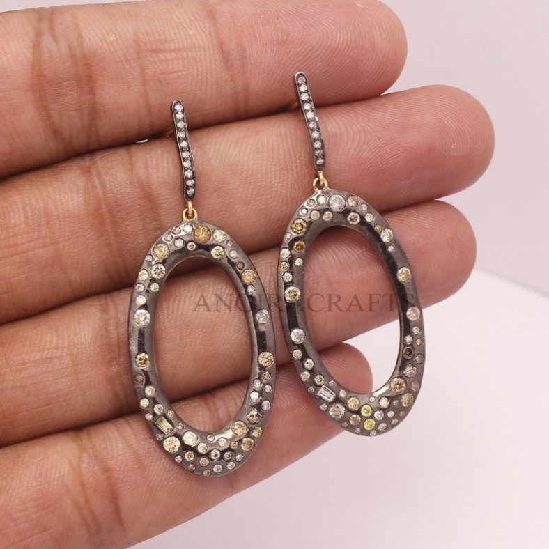 Natural Pave Diamond Solid Sterling Silver Dangle Earrings, Silver Earrings, Diamond Silver Earrings Jewelry