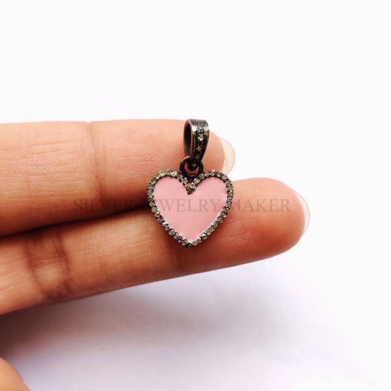 Pave Diamond Enameled Heart Pendant, Single cut Diamond Pendant, Enameled Heart Pendant, Silver Diamond Pendant