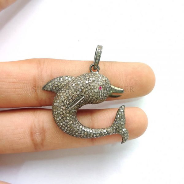 Pave Diamond Dolphin Pendant, Diamond Pendant,Dolphin Pendant, Silver Diamond Pendant, Pave Diamond Jewelry